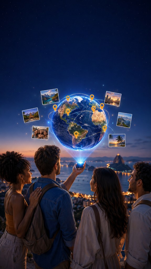 Friends gathered around a glowing holographic TravelGlobe with travel photos and pins