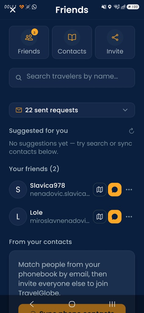 Friends hub — search travelers, invitations, and messages