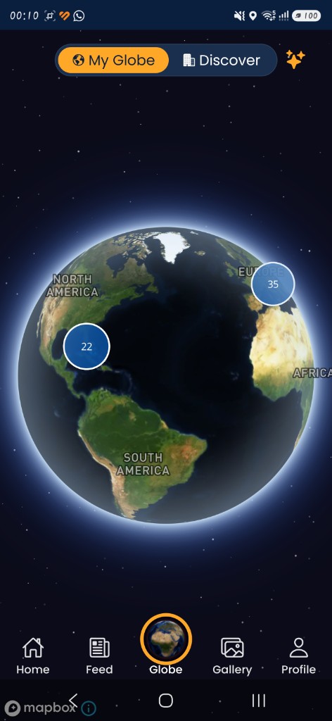 Globe tab — My Globe and Discover with a 3D Earth and numbered pins