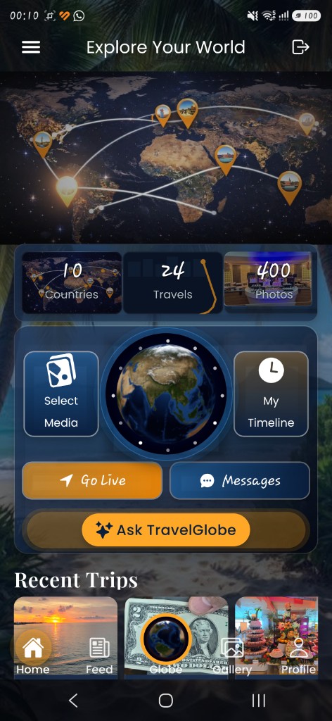 Home screen titled Explore Your World with globe hub and trip stats