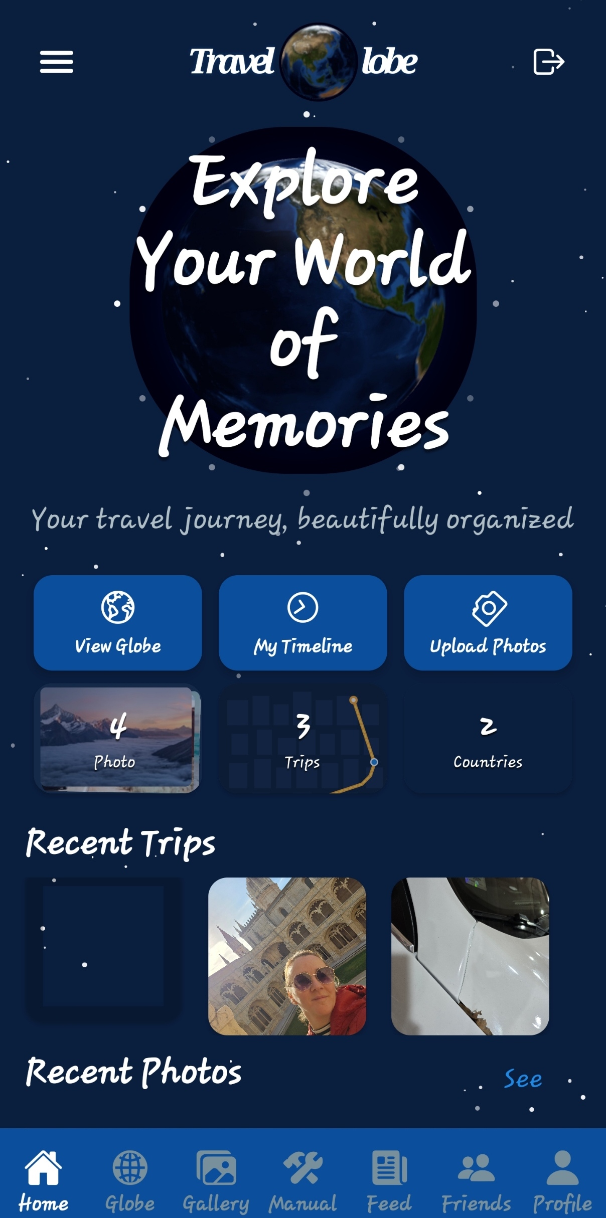 TravelGlobe Home Screen - Explore Your World of Memories