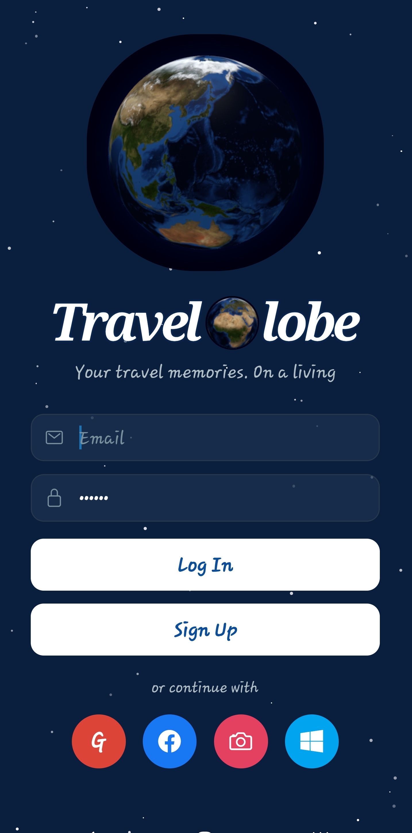 TravelGlobe Login Screen with Social Login