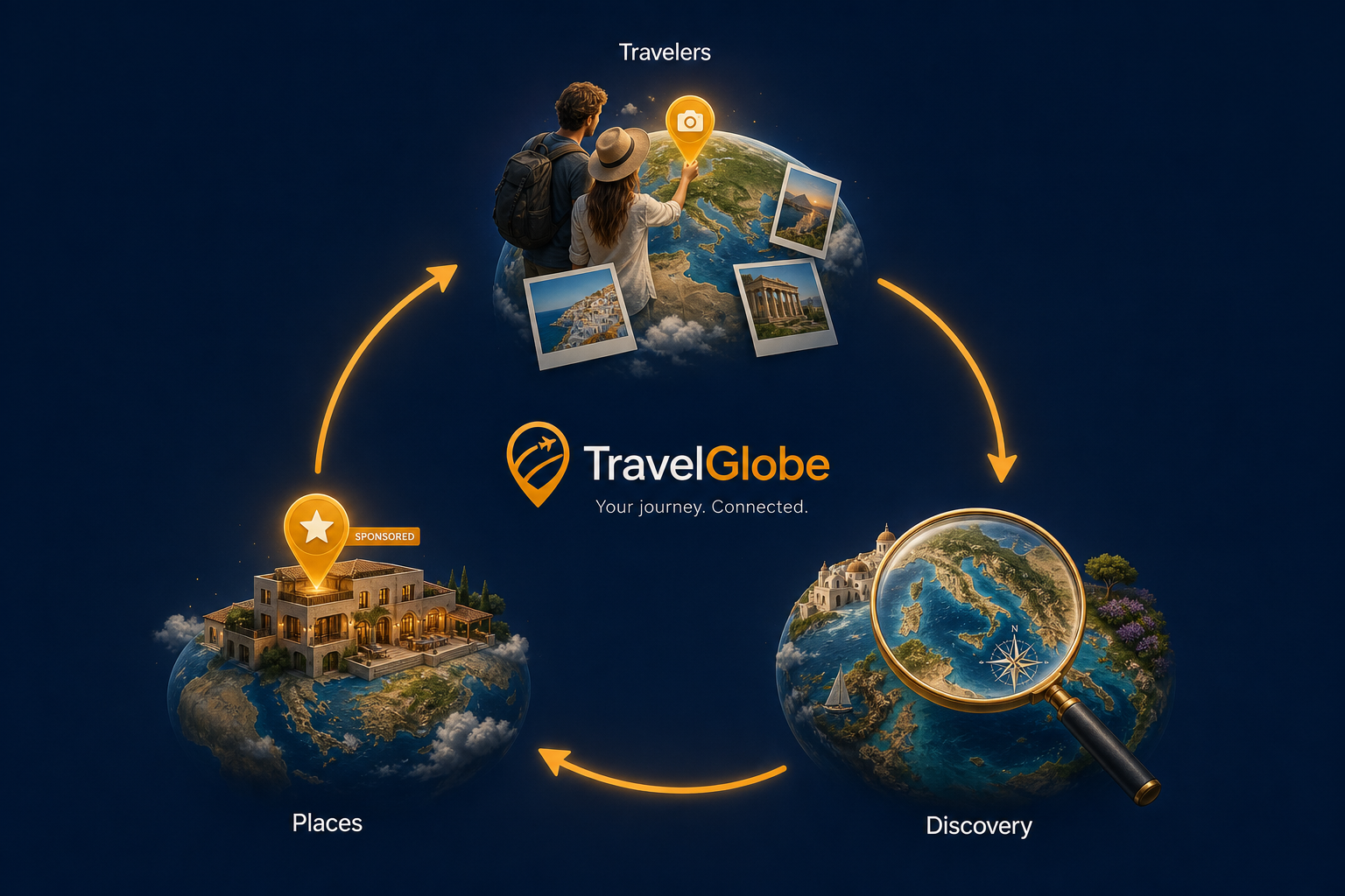 TravelGlobe ecosystem loop: travelers pin memories on a 3D globe, businesses add place pins, and everyone discovers great travel — connected in one cycle.